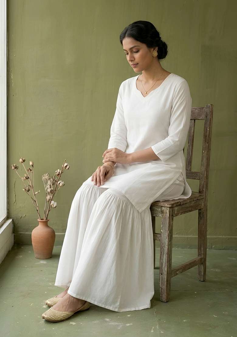 White Plain Rayon Kurta Set - Indya