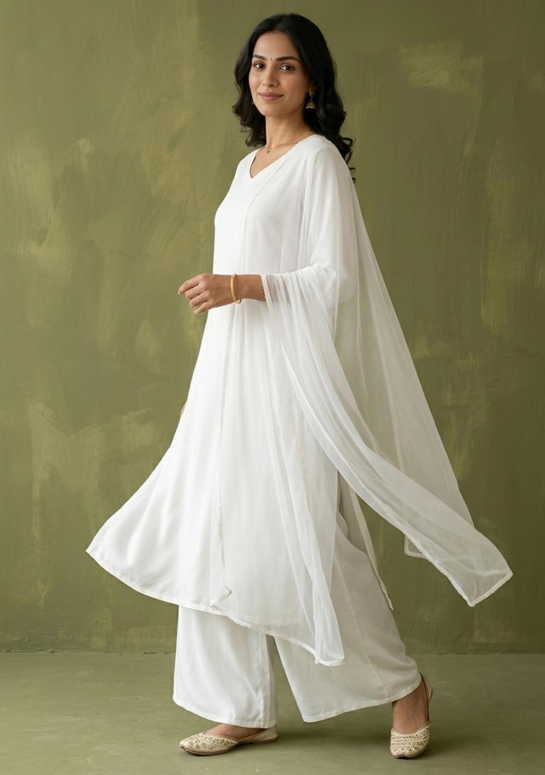 White Plain Rayon Kurta Set - Indya