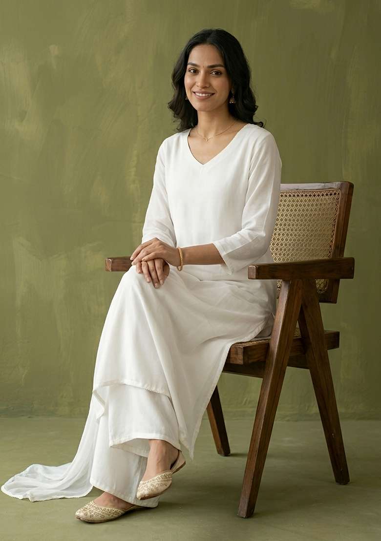 White Plain Rayon Kurta Set - Indya