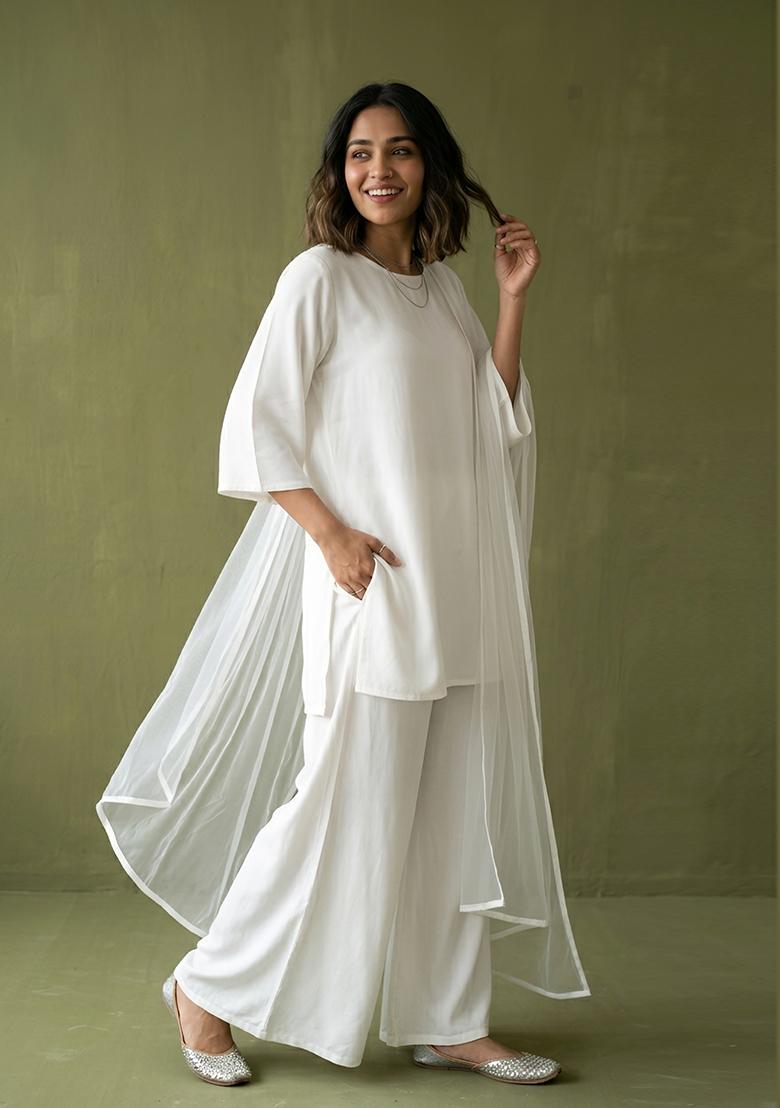 White Plain Rayon Kurta Set - Indya