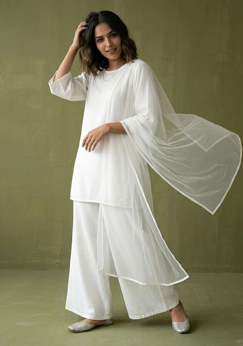 White Plain Rayon Kurta Set - Indya