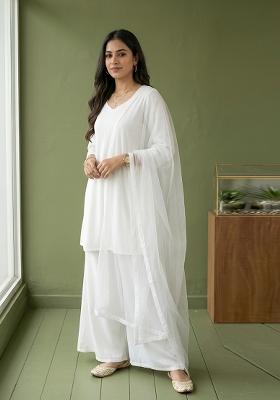 White Plain Rayon Kurta Set