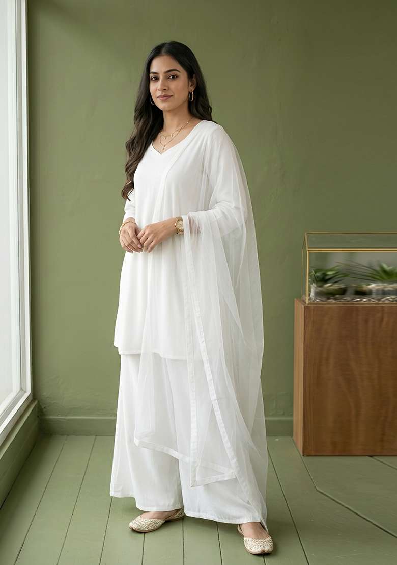 White Plain Rayon Kurta Set - Indya