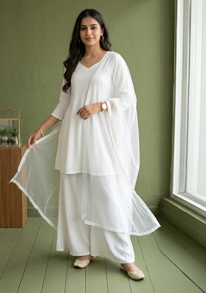 White Plain Rayon Kurta Set - Indya