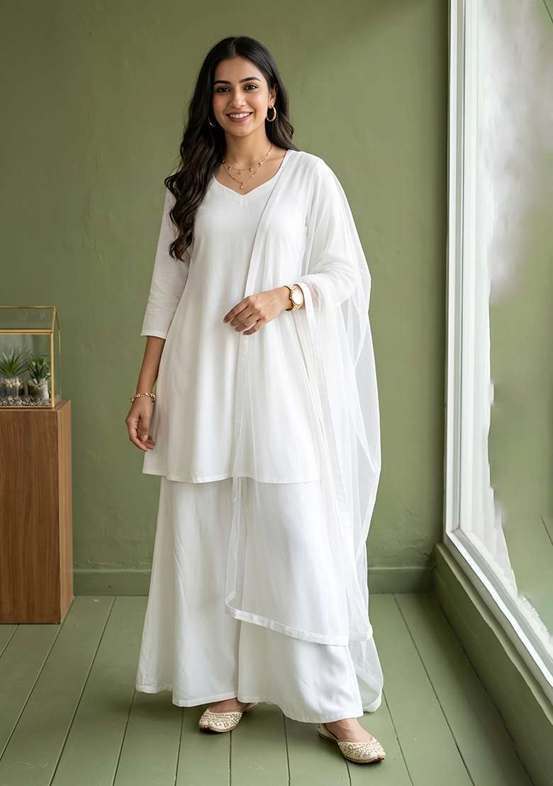 White Plain Rayon Kurta Set - Indya