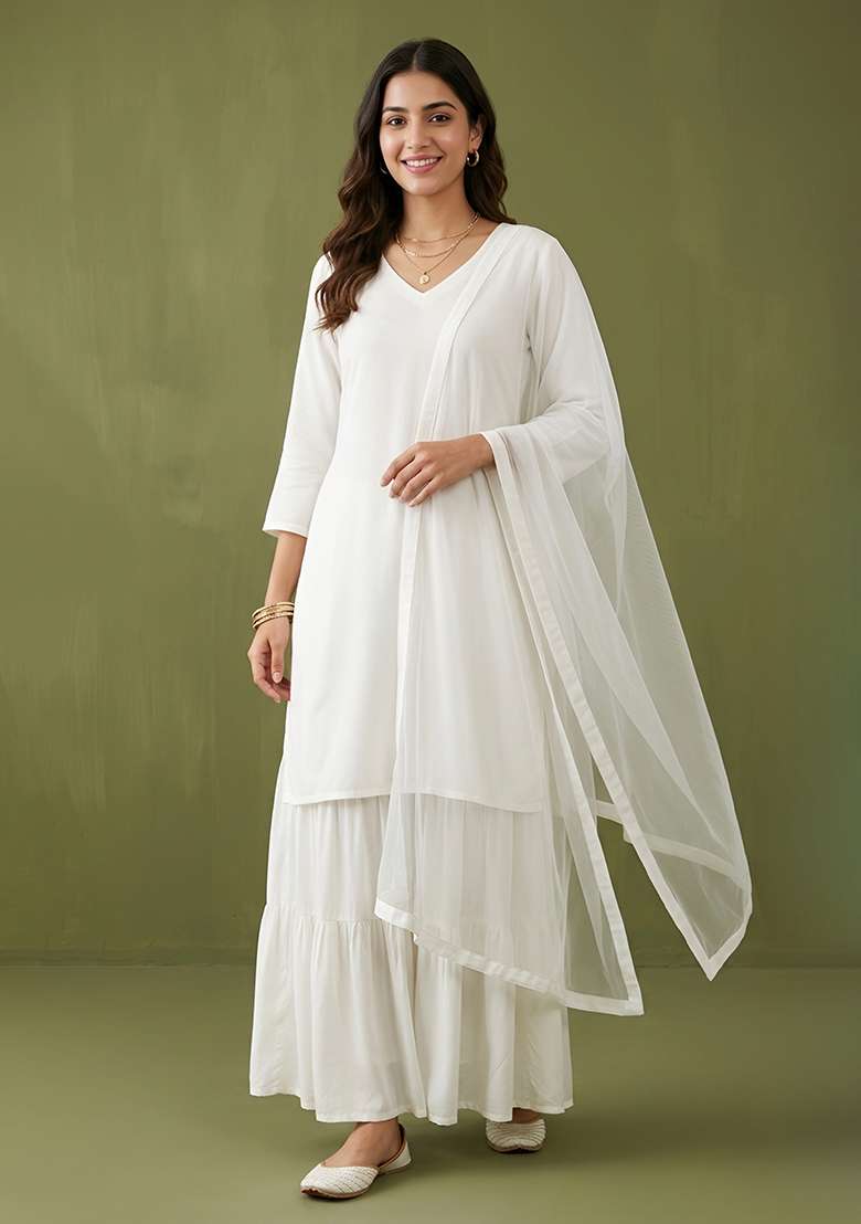 White Plain Rayon Kurta Set - Indya
