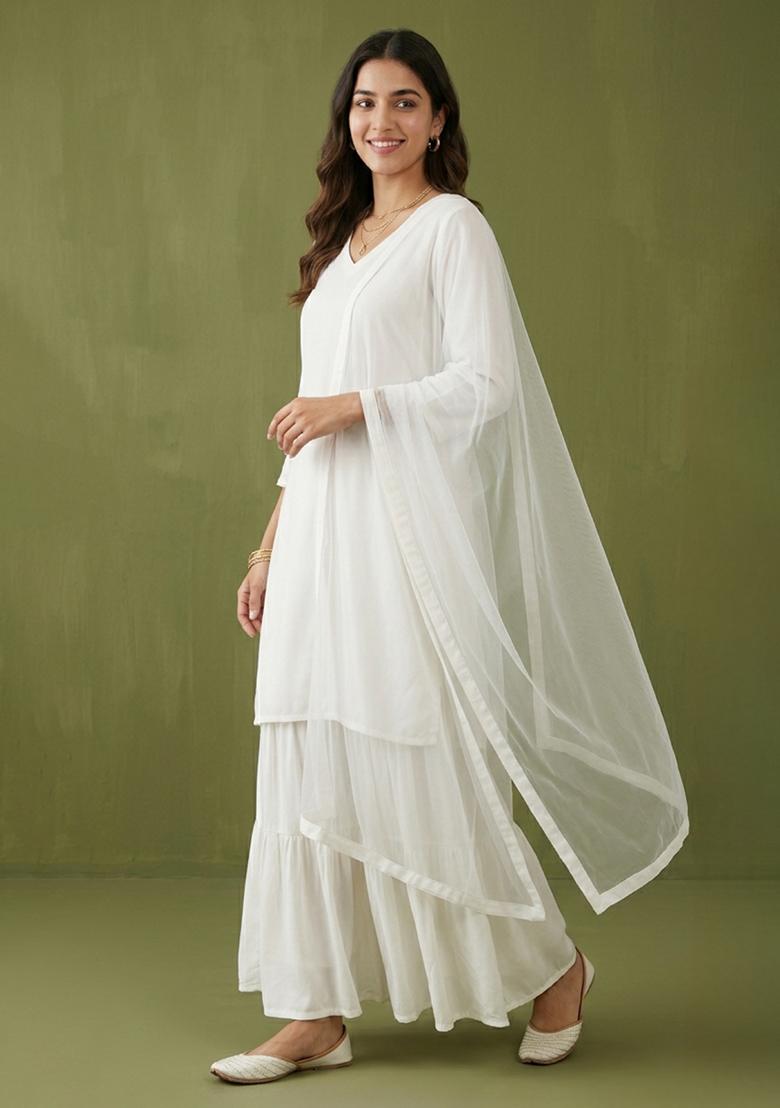 White Plain Rayon Kurta Set - Indya