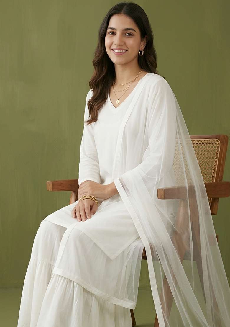 White Plain Rayon Kurta Set - Indya