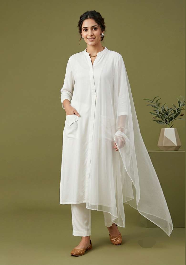 White Plain Rayon Kurta Set - Indya