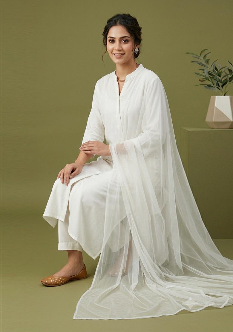 White Plain Rayon Kurta Set - Indya