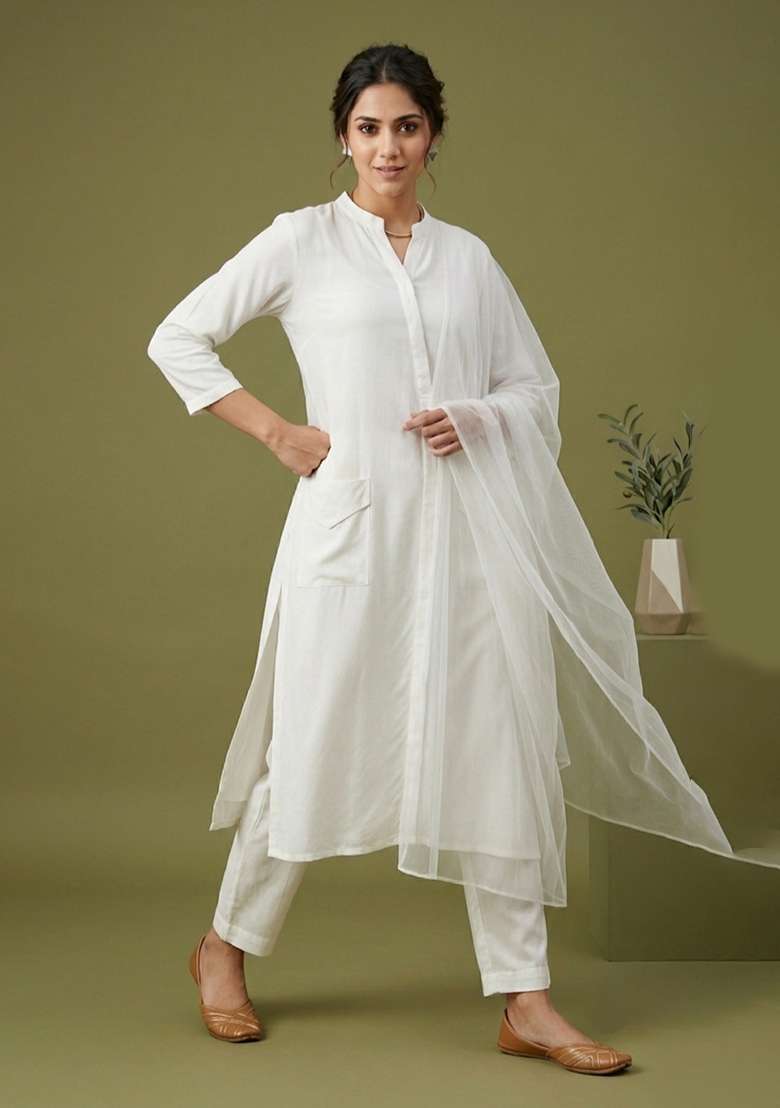 White Plain Rayon Kurta Set - Indya
