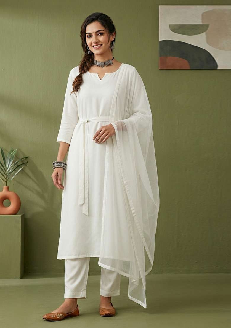 White Plain Rayon Kurta Set - Indya
