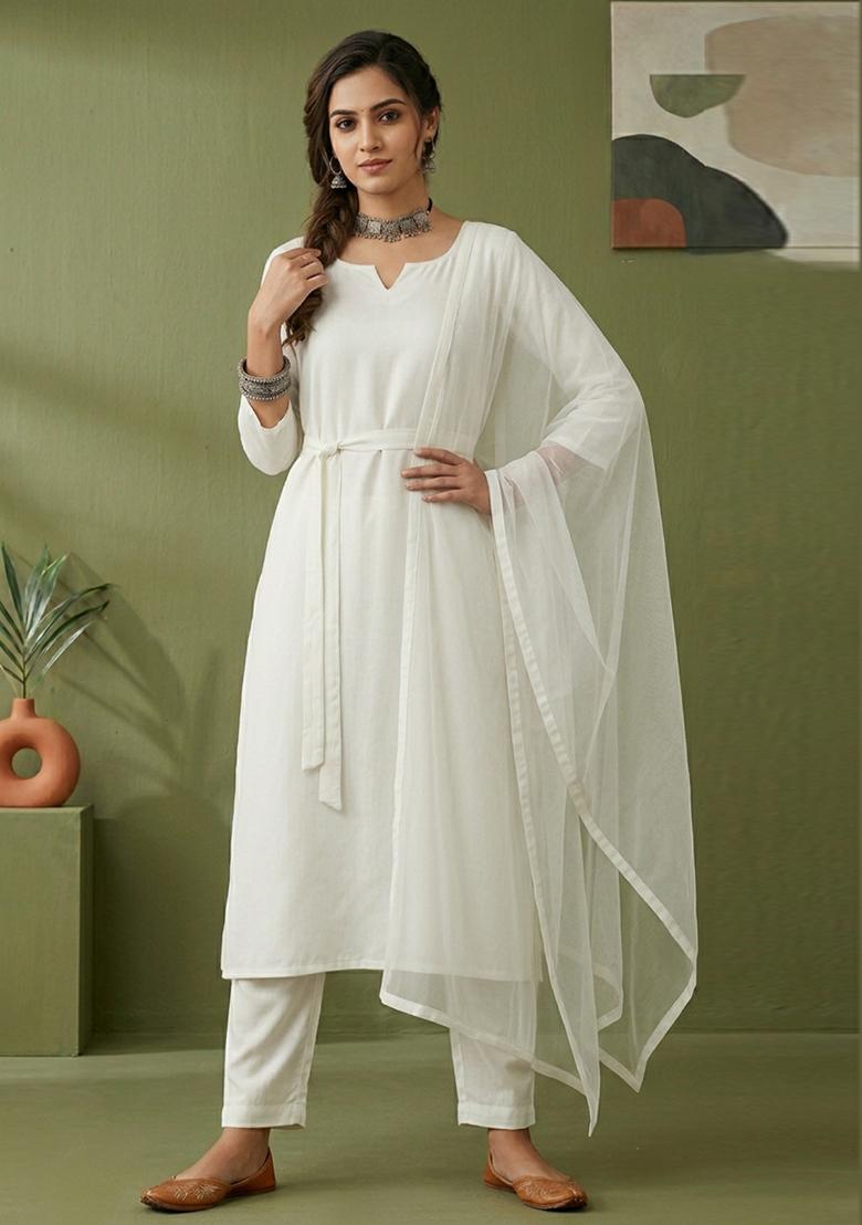 White Plain Rayon Kurta Set - Indya