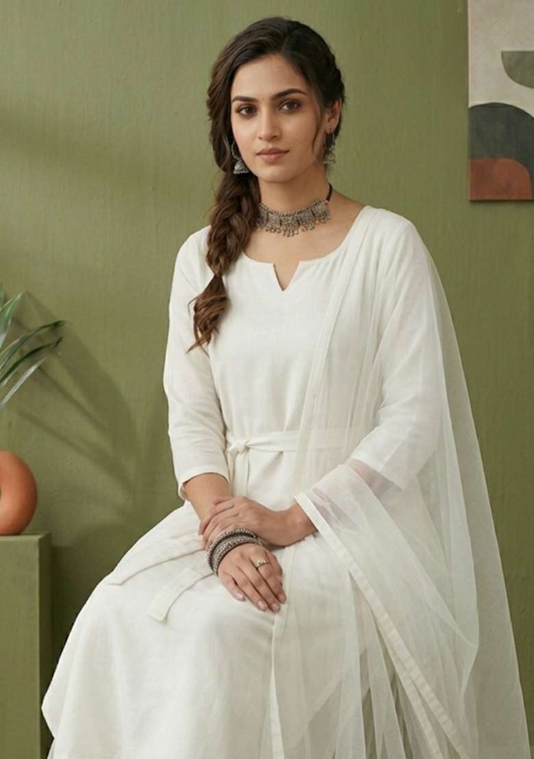 White Plain Rayon Kurta Set - Indya