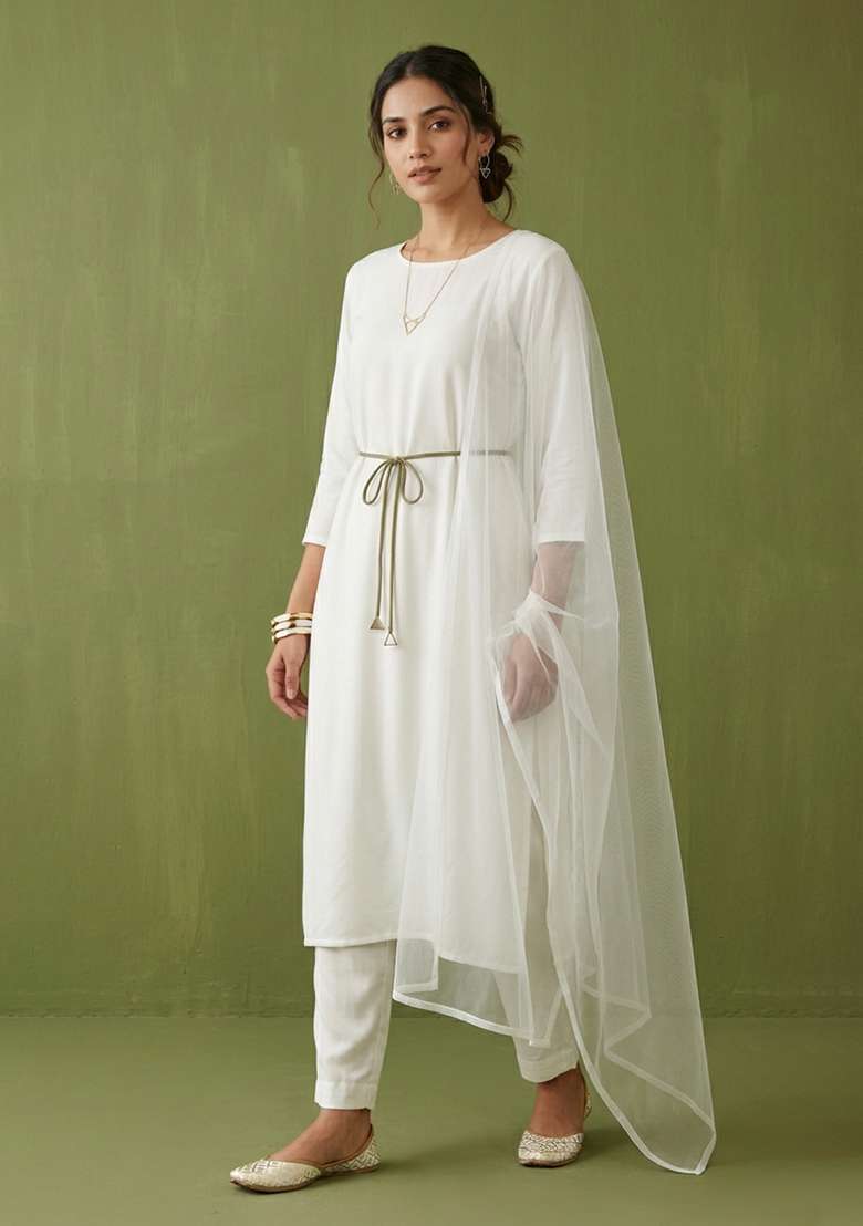 White Plain Rayon Kurta Set - Indya