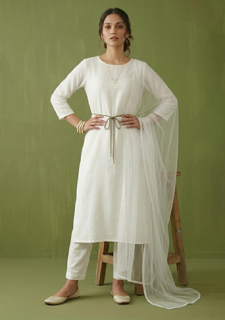 White Plain Rayon Kurta Set - Indya