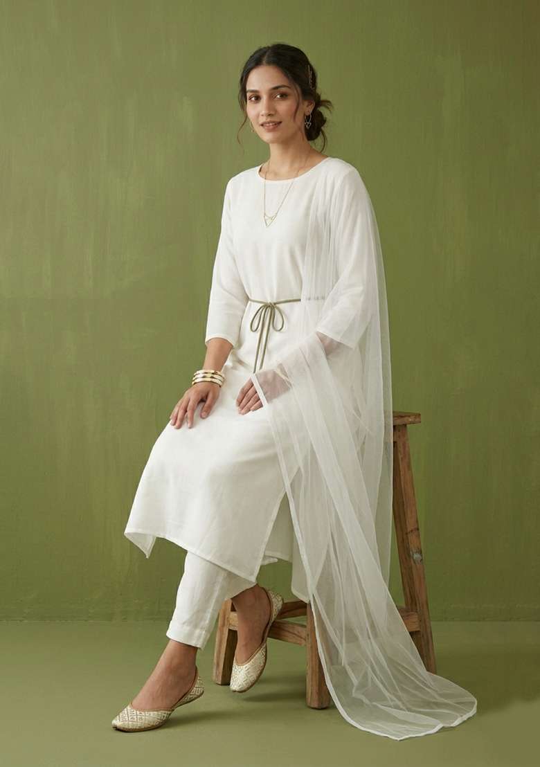 White Plain Rayon Kurta Set - Indya