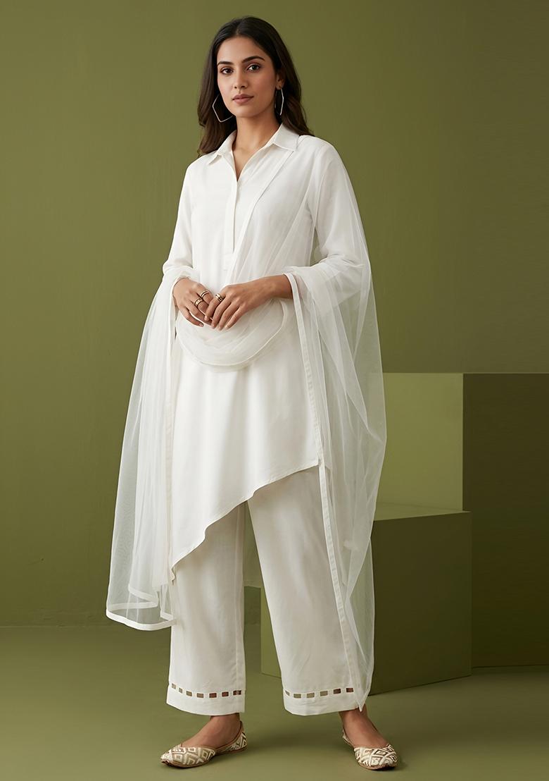 White Plain Rayon Kurta Set - Indya