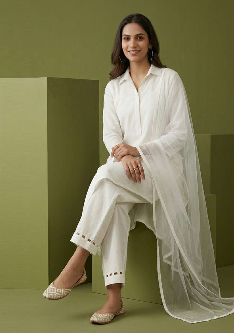 White Plain Rayon Kurta Set - Indya