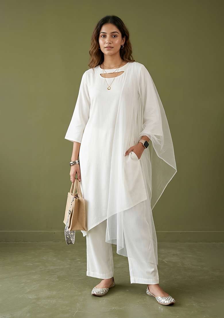 White Plain Rayon Kurta Set - Indya