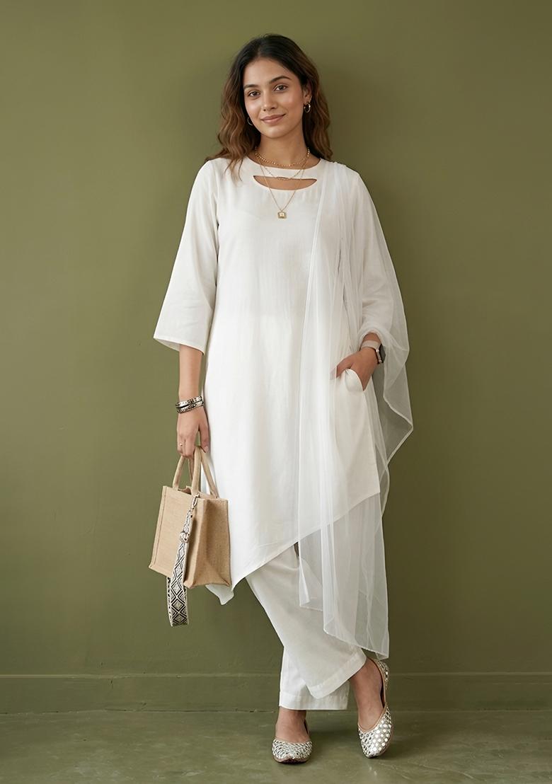 White Plain Rayon Kurta Set - Indya