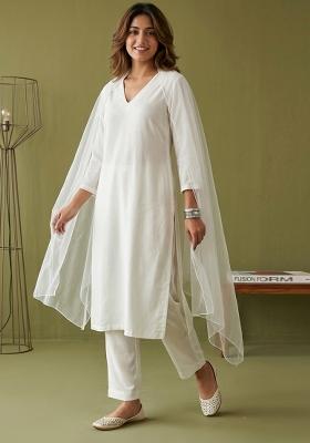 White Plain Rayon Kurta Set