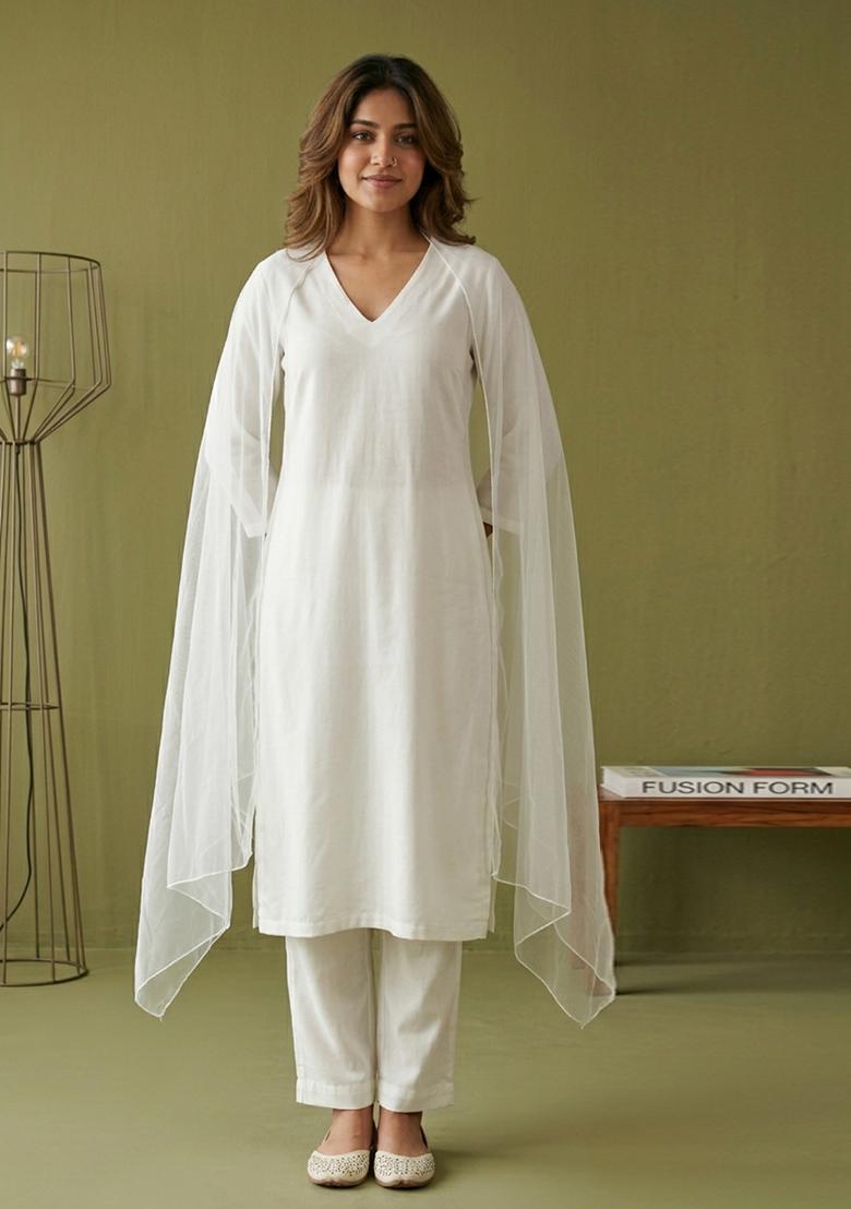 White Plain Rayon Kurta Set - Indya