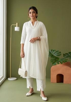 White Plain Rayon Kurta Set