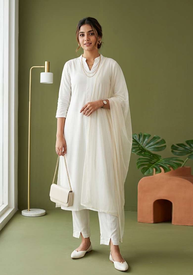 White Plain Rayon Kurta Set - Indya