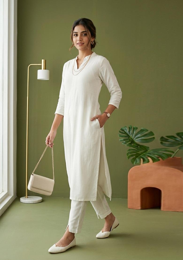 White Plain Rayon Kurta Set - Indya