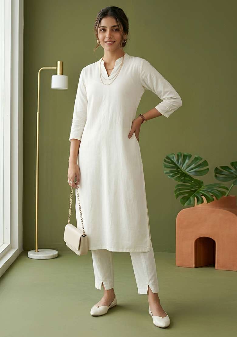 White Plain Rayon Kurta Set - Indya