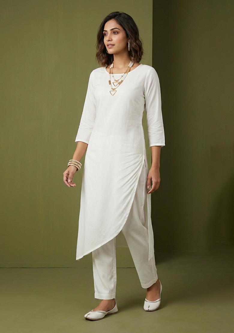 White Plain Rayon Kurta Set - Indya