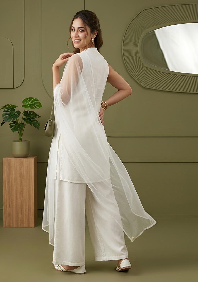 White Plain Rayon Kurta Set - Indya