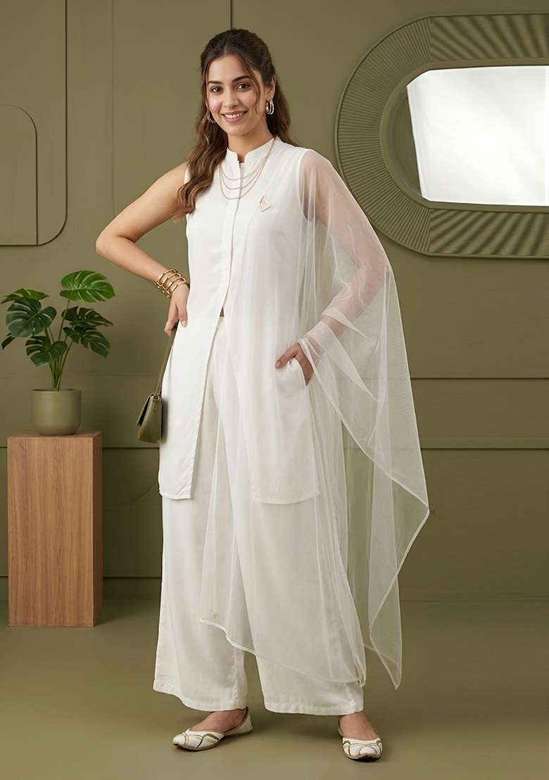 White Plain Rayon Kurta Set - Indya