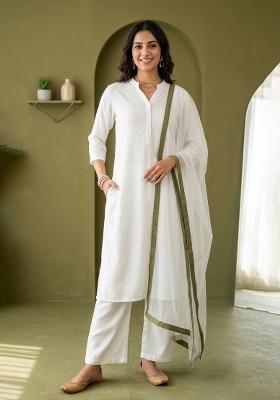 White Plain Rayon Kurta Set