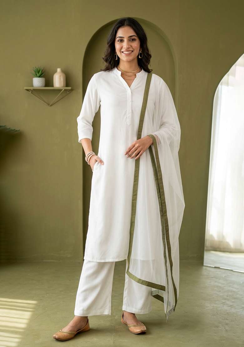 White Plain Rayon Kurta Set - Indya