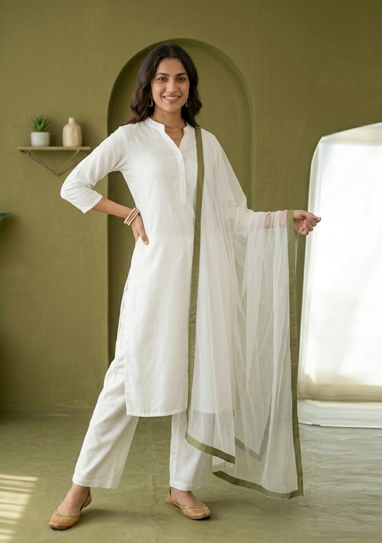 White Plain Rayon Kurta Set - Indya