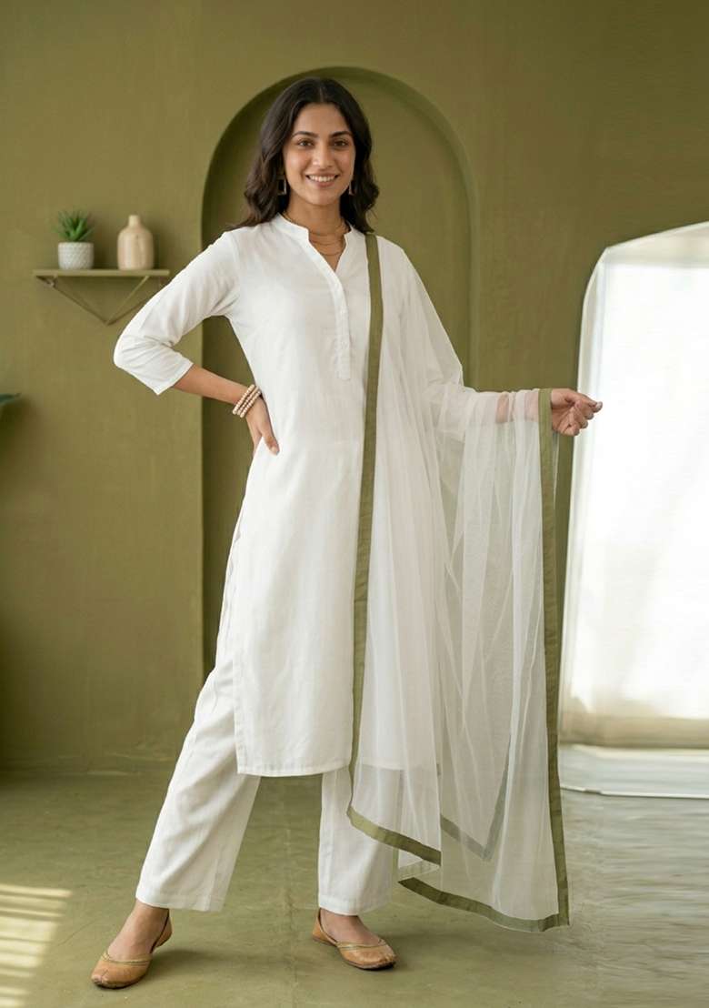 White Plain Rayon Kurta Set - Indya