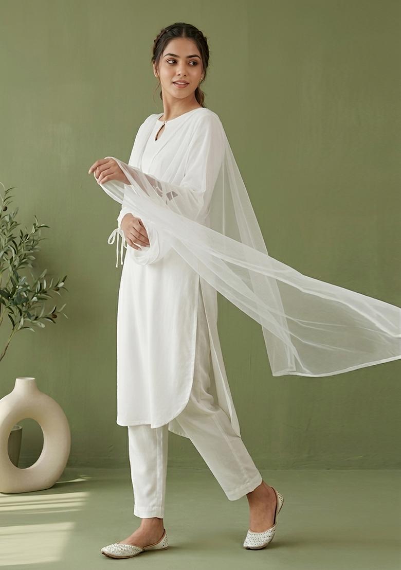White Plain Rayon Kurta Set - Indya