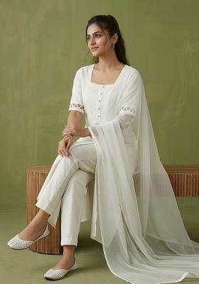 White Plain Rayon Kurta Set