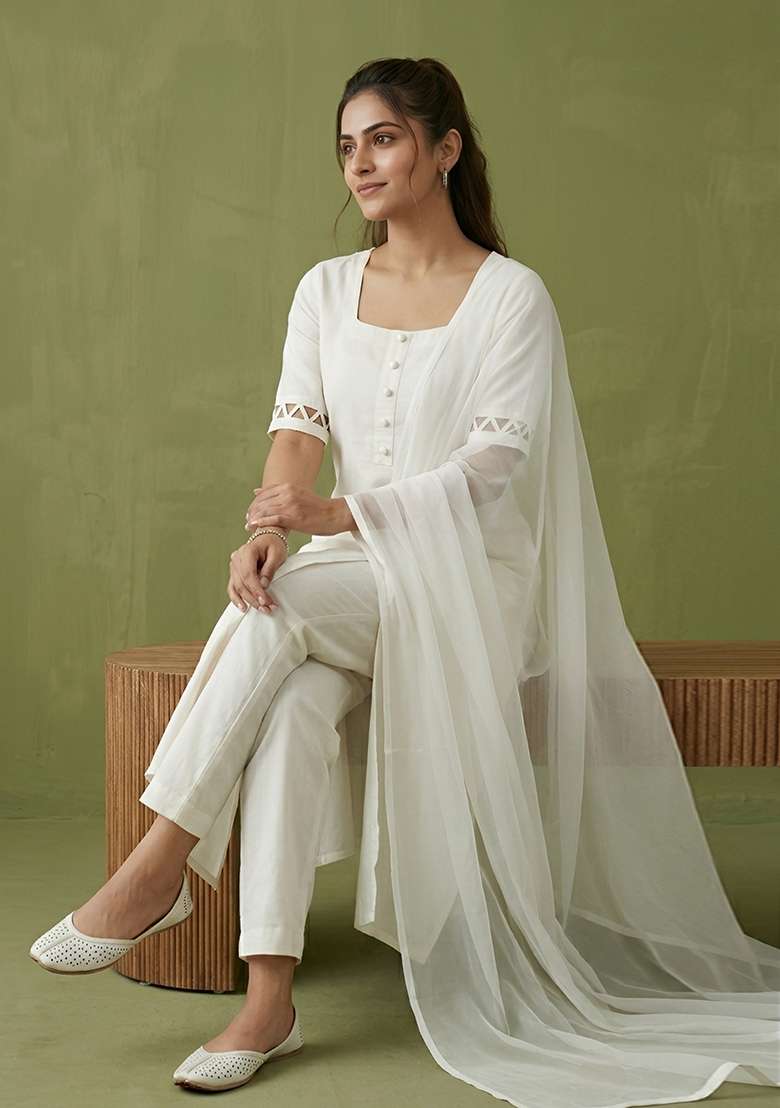 White Plain Rayon Kurta Set - Indya