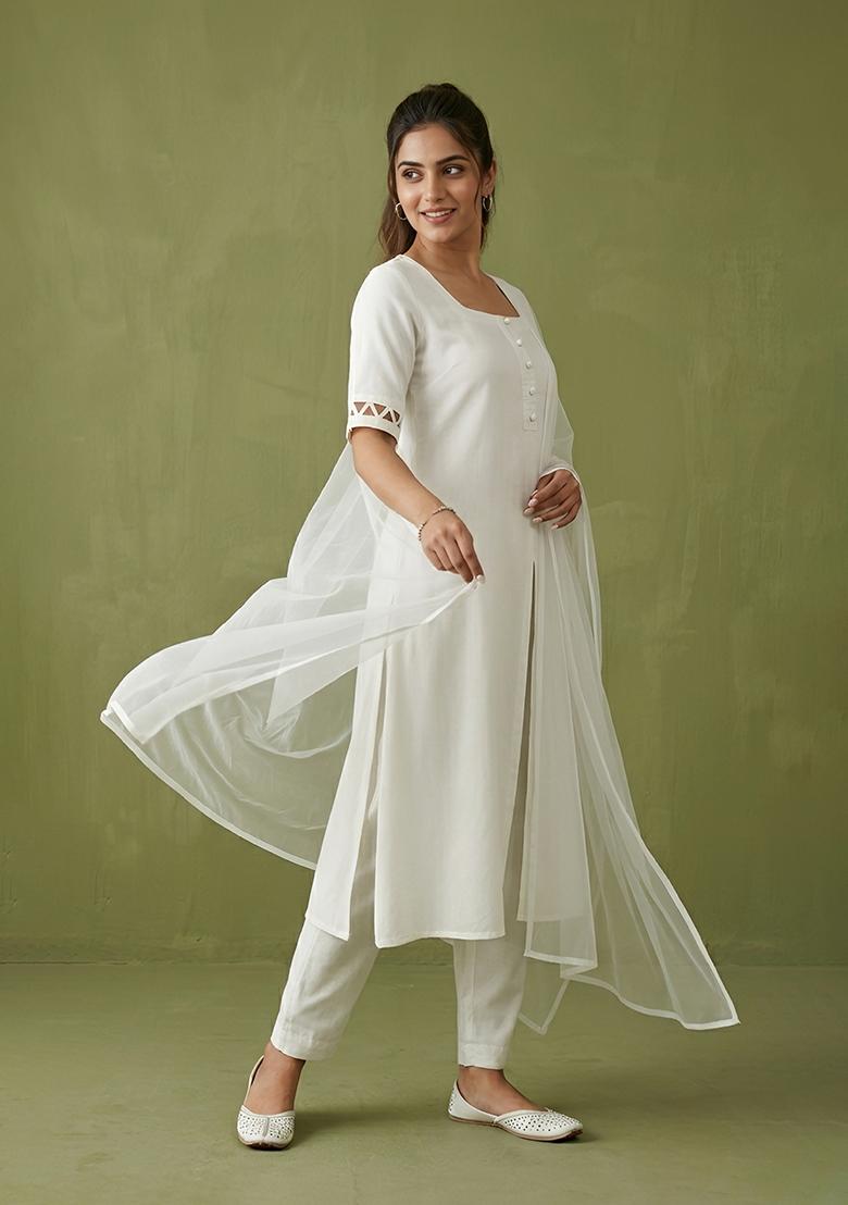 White Plain Rayon Kurta Set - Indya