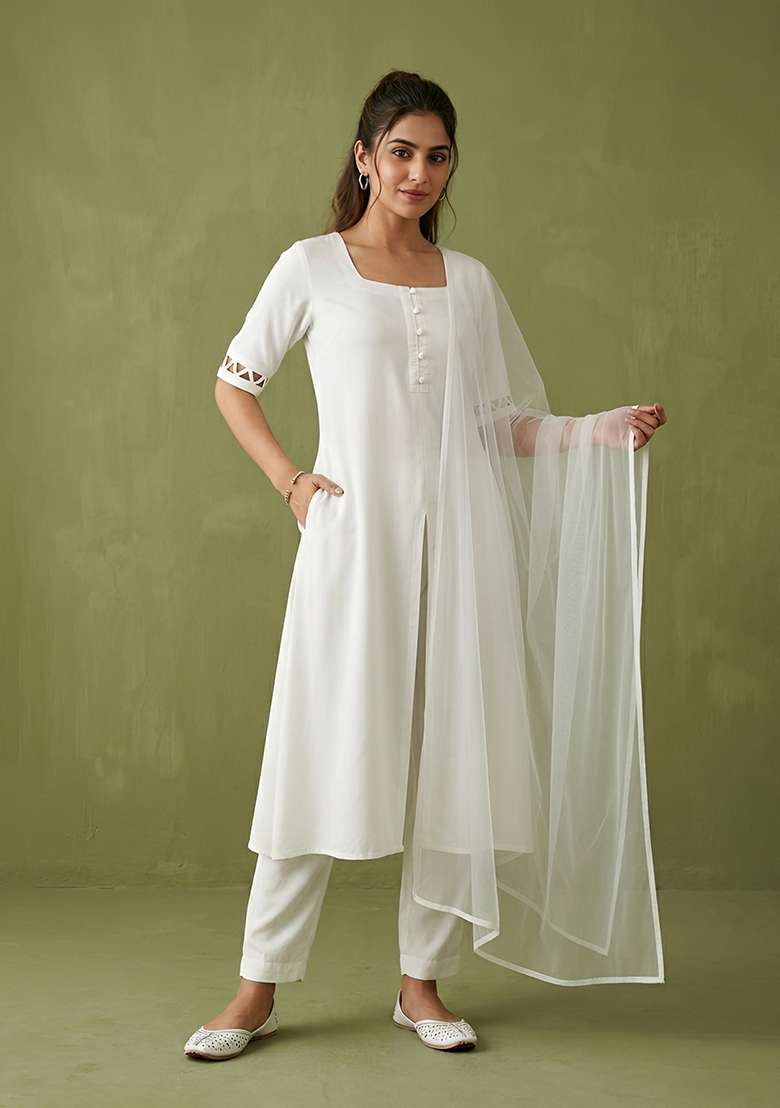 White Plain Rayon Kurta Set - Indya