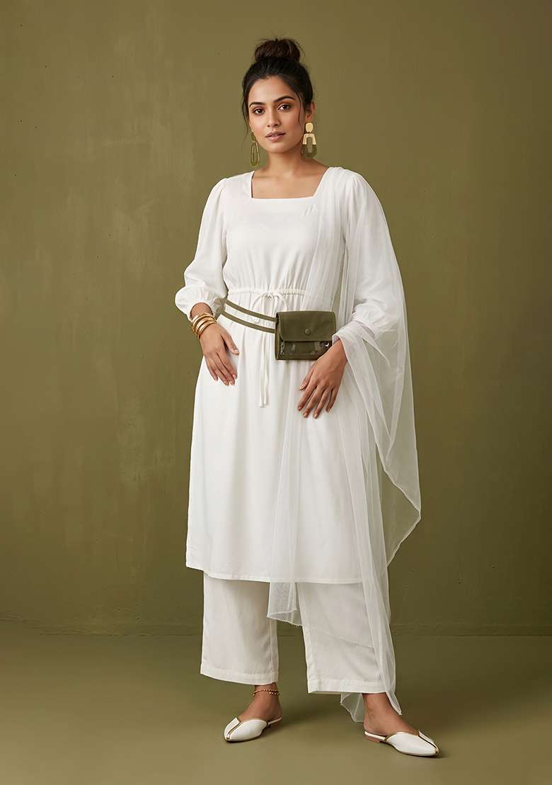 White Plain Rayon Kurta Set - Indya