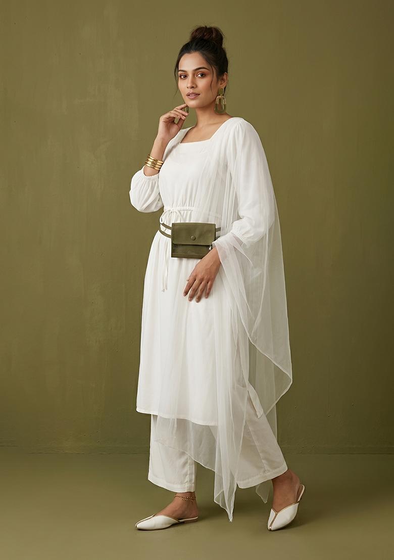 White Plain Rayon Kurta Set - Indya