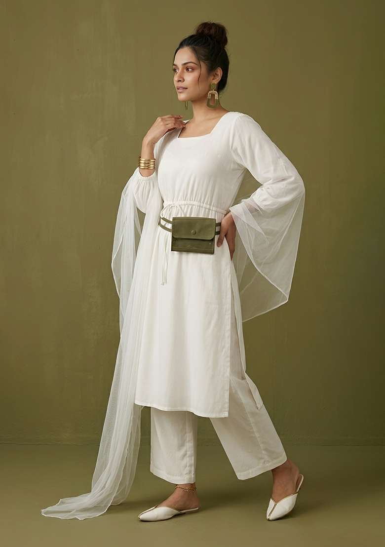 White Plain Rayon Kurta Set - Indya
