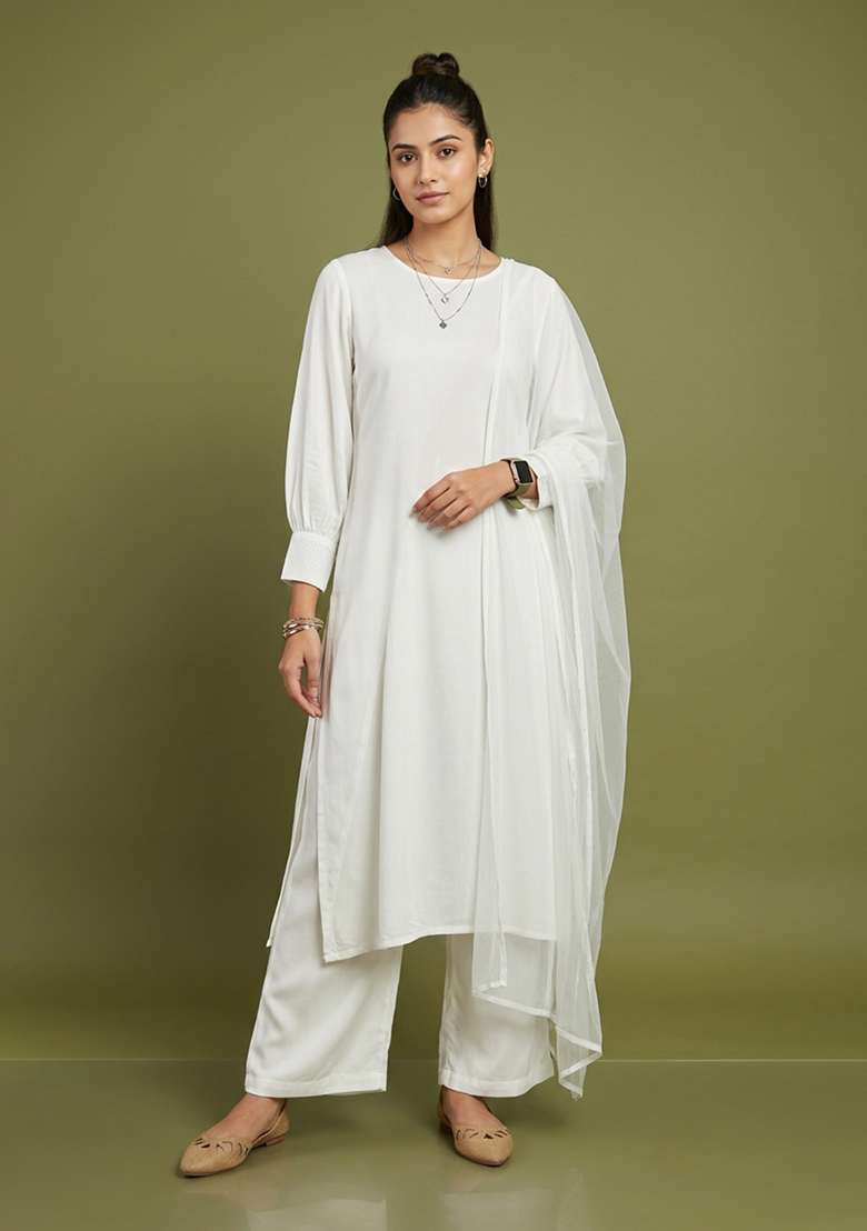 White Plain Rayon Kurta Set - Indya