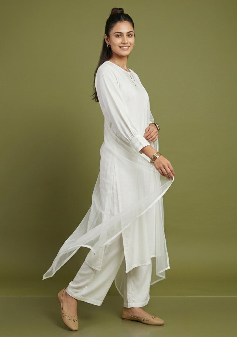 White Plain Rayon Kurta Set - Indya