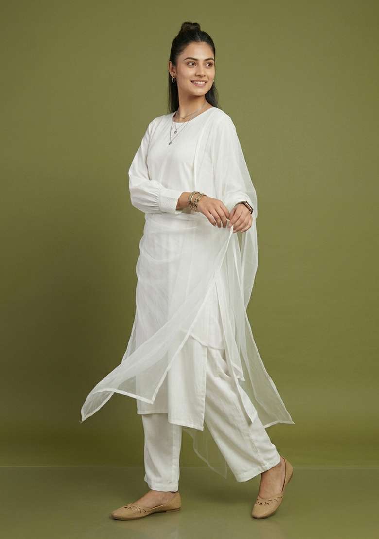 White Plain Rayon Kurta Set - Indya