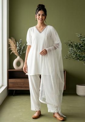 White Plain Rayon Kurta Set